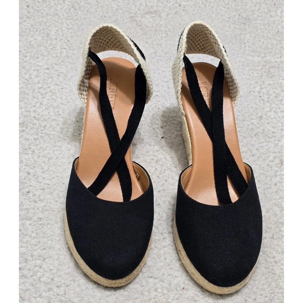 J.Crew Black Canvas Espadrille Wedge Sandals Lace Up Ankle Tie Cream Heel 7.5